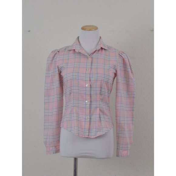 Vintage 80s Plaid Long Sleeves Poly/Cotton Pastel Button up Blouse - Picture 9 of 10